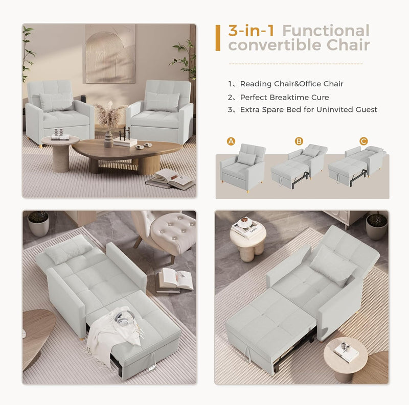 AECOJOY 3 in 1 Sofa Bed for Adults Sleeper Chair Bed Fold Out Sofa Convertible Reading Chair in Light Grey