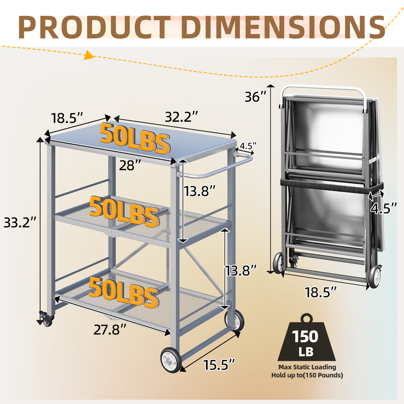 YODOLLA Foldable Outdoor Grill Cart 3 Tiers Stainless Steel Rolling Cart with Wheels Metal Utility Storage Trolley,Silver