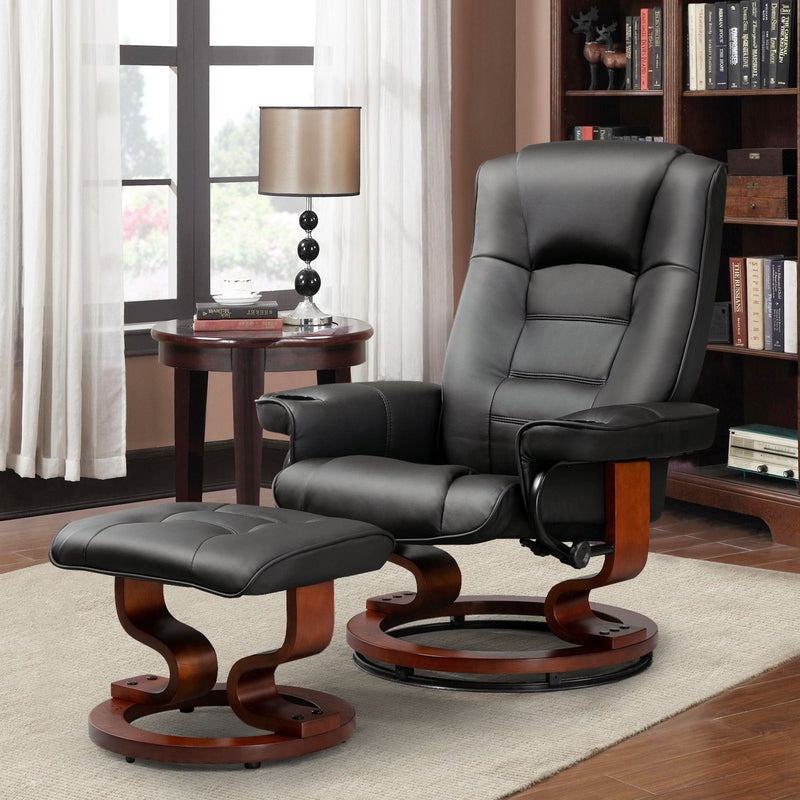 AVAWING Recliner Chair with Ottoman Adjustable Swivel Chair with Footrest 360¡ã Swivel PU Leather Reclining Chair with Footrest for Living Room Recliner and Ottoman with Wood Base, Black