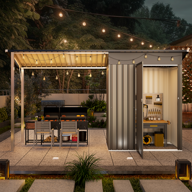 AECOJOY Outdoor Open-Sided Storage Shed, 3x5 Sheds & Outdoor Storage with 15 Sq. Ft Covered, 5x3 Small 2-in-1 Tool Shed with Attached Hardtop Metal Pergola Gazebo