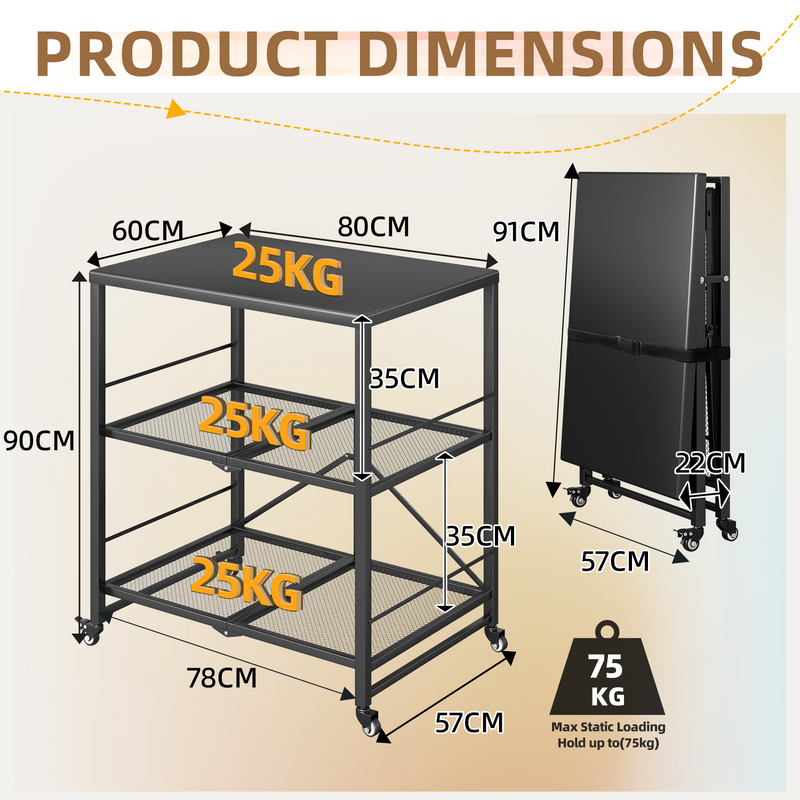 AECOJOY Foldable Outdoor Grill Cart Rolling Dining Table with Three-Shelf,Garden Patio BBQ Kitchen Food Prep Cart,Black