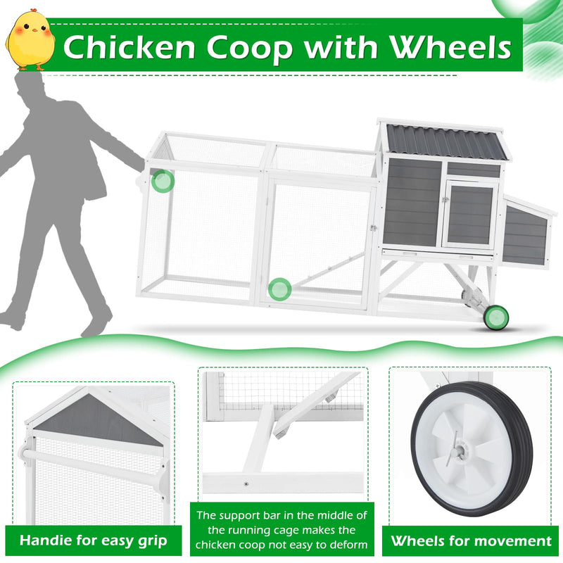YODOLLA 95" Chicken Coop with Wheels, Hen House Wooden Chicken Hutch Poultry Cage w/Run, Nesting Boxes, Ramps, Removable Tray for Barkyard