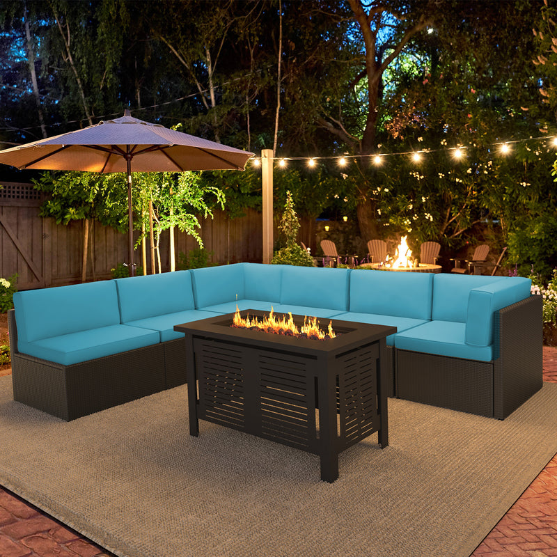 YODOLLA 7-Piece Patio Furniture Set with 43" Fire Pit Table, Rattan Wicker Outdoor Sectional Sofa Couch with Table Patio Conversation Set for Lawn& Backyard In Black&Blue