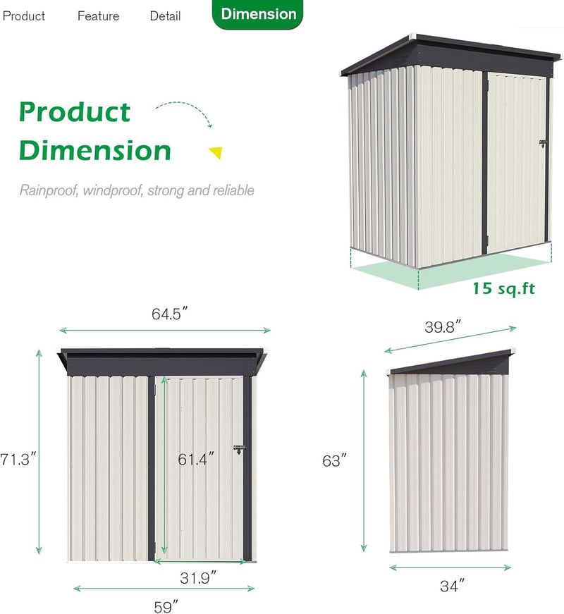 YODOLLA 5 x 3 ft. Outdoor Metal Steel Storage Shed with Sliding Roof & Lockable Door for Backyard, Garden,White