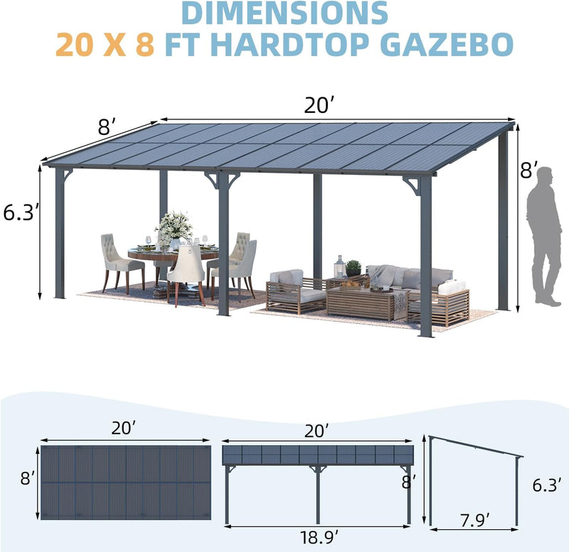 YODOLLA 8' x 20' Hardtop Gazebo Outdoor Aluminum Pergola For Garden, Patio, Backyard-Dark Grey
