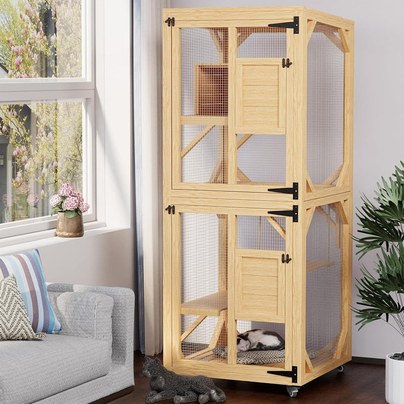 YODOLLA Catio Enclosure for Cats,Wooden Outdoor Cat House with Hammock in Natural Color