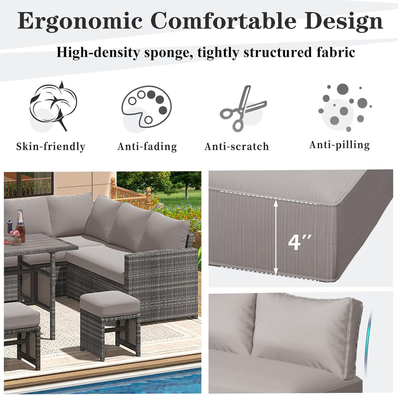 YODOLLA Outdoor Cushions, 4 inch Patio Cushions for Outdoor Furniture, Replacement Cushions Fits 7-Seats Sectional Rattan Conversation Set, Splashproof, Memory Foam Cushions and Covers (Grey)