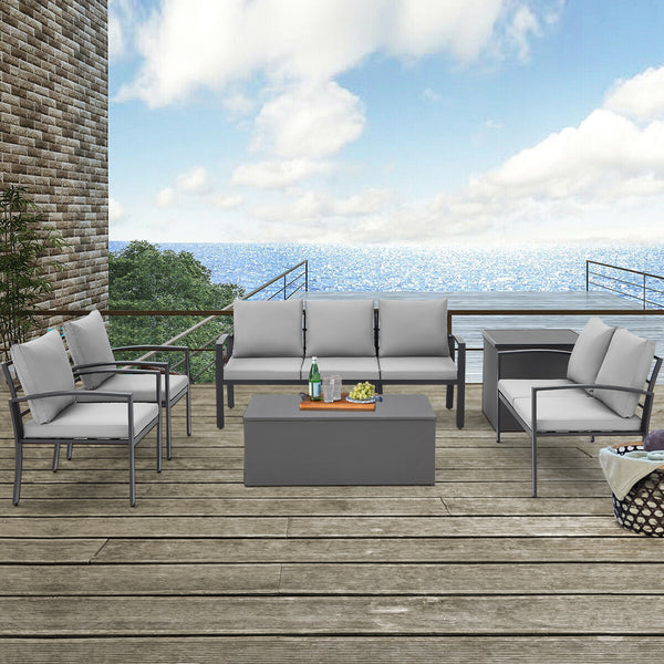 Danrelax 6 Pieces All Weather Aluminum Frame Patio Conversation Set with Storage Box, Light Gray