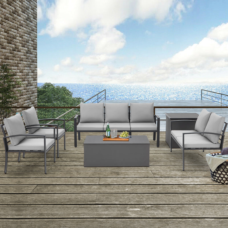 Danrelax 6 Pieces All Weather Aluminum Frame Patio Conversation Set with Storage Box, Light Gray