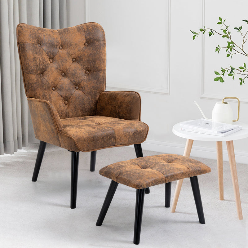 AVAWING Rustic Accent Chair with Footrest, Gold Accent Chair with Arms, Tufted Button Back Modern Accent Chair with Rubberwood Legs, Mid Century Accent Chair for Living Room, Bedroom, Office, Gold