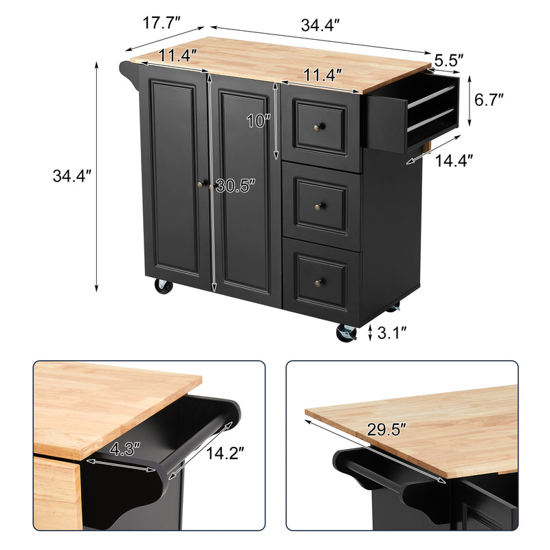 AVAWING Rolling Kitchen Island Cart with Storage,Wood Tabletop Kitchen Cart w/ 2 Wheels, Trolley Cart Utility Cabinet, Towel Rack, Spice Rack, Black