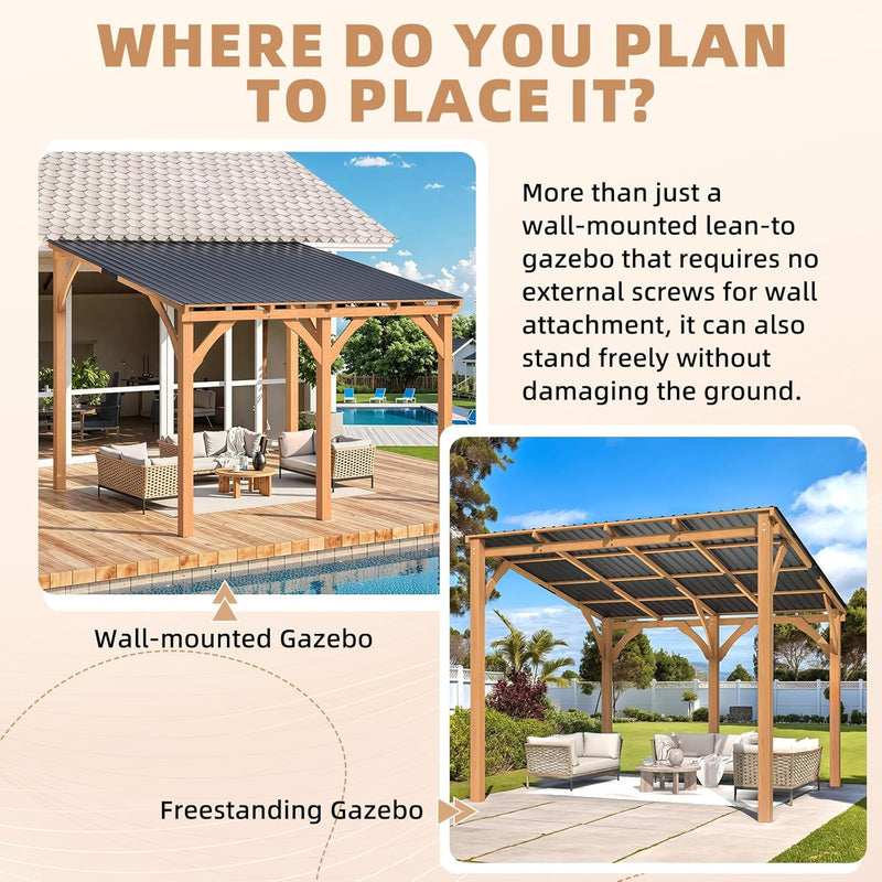 AECOJOY 10' x 10' Wood Gazebo, Outdoor Heavy Duty Wooden Pergola on Clearance, Patio Lean to Hardtop Awnings