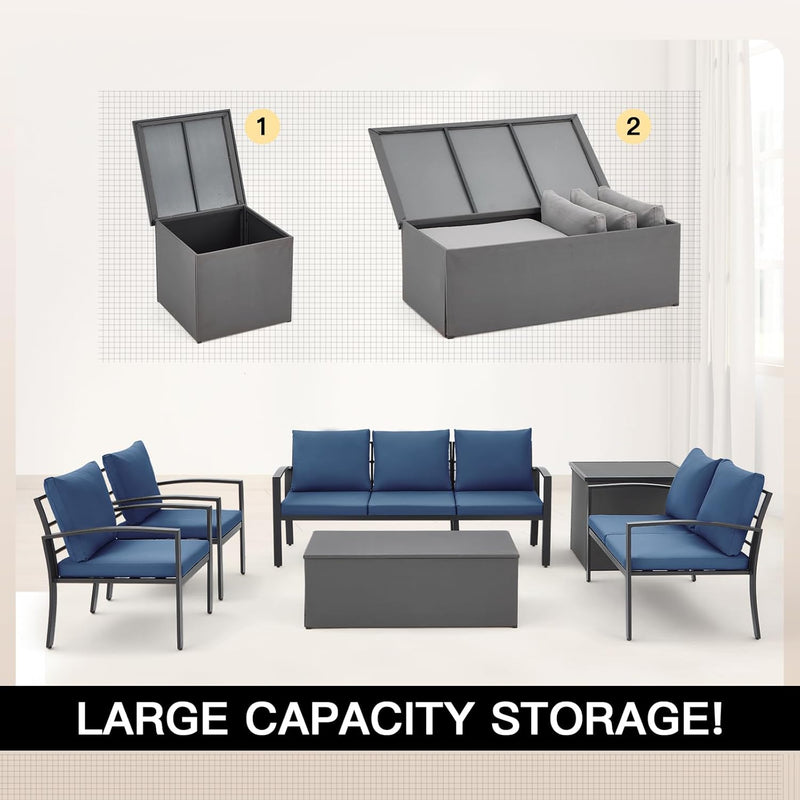 AECOJOY Metal Patio Furniture Set with Cover Outdoor Furniture sets With Storage Boxes on Sale with Blue Cushion for Balcony Porch, Lawn and More