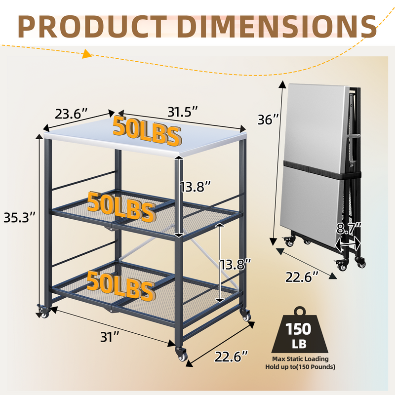 AECOJOY Foldable Outdoor Grill Cart Rolling Dining Table with Three-Shelf,Garden Patio BBQ Kitchen Food Prep Cart,Grey