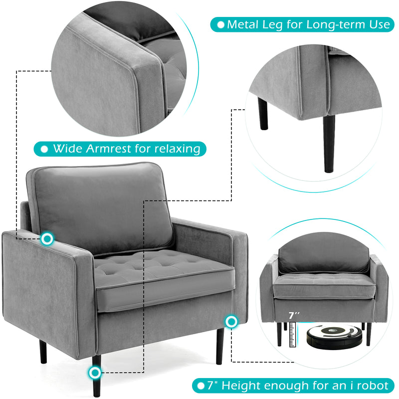 AVAWING Modern Velvet Single Sofa Chair Set of 2 with Cushions Accent Armchair with Metal Legs Comfy Tufted Upholstered Armchair for Living Room, Bedroom, Office, Reading Room, Grey