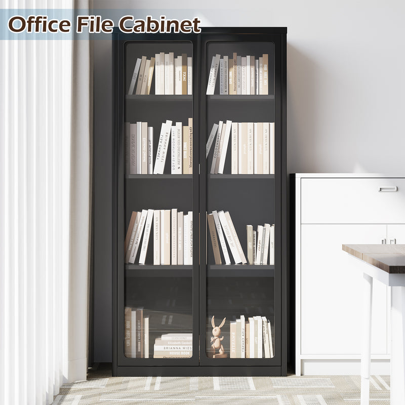 YODOLLA Display Cabinet with Acrylic Glass Doors Storage Cabinets with Adjustable Shelves Pantry Storage Cabinet Metal Curio Cabinet for Living Room Office and Kitchen, Black