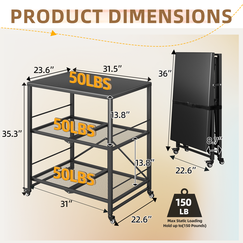 AECOJOY Foldable Outdoor Grill Cart Rolling Dining Table with Three-Shelf,Garden Patio BBQ Kitchen Food Prep Cart,Black