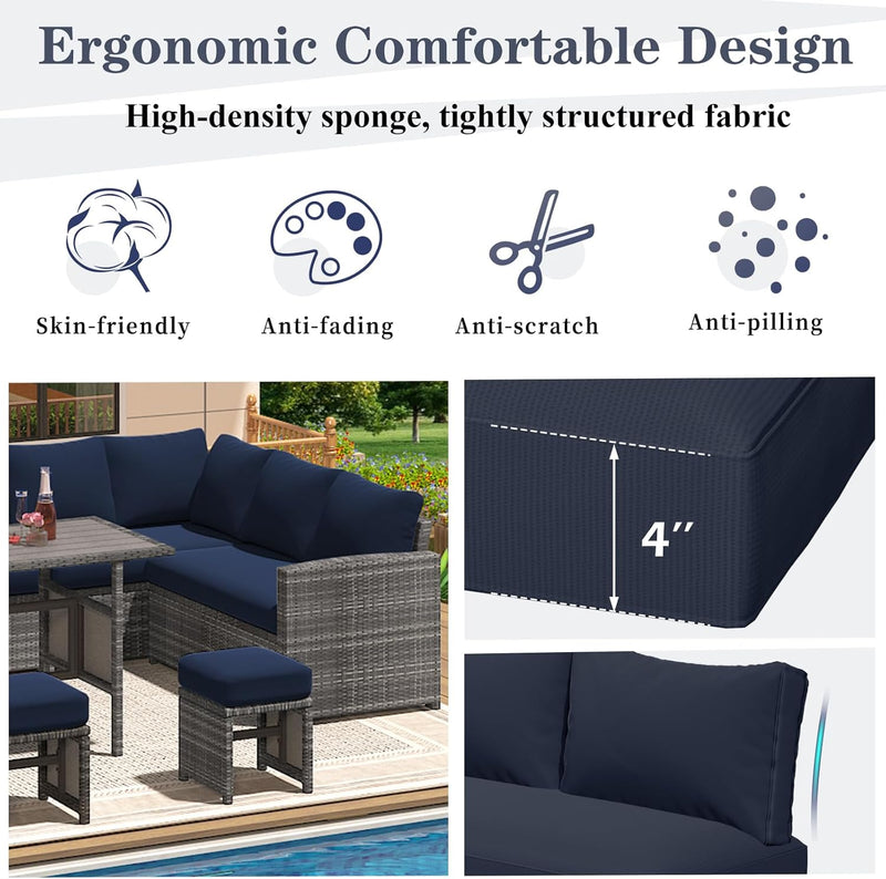 YODOLLA Outdoor Cushions, 4 inch Patio Cushions for Outdoor Furniture, Replacement Cushions Fits 7-Seats Sectional Rattan Conversation Set, Splashproof, Memory Foam Cushions and Covers (Navy)