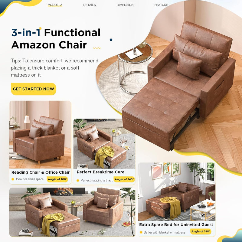 AECOJOY 3-in-1 Convertible Chair Bed Sleeper & Futon Sofa Bed Chair with Adjustable Backrest and 2 Pillows-Saddle Brown