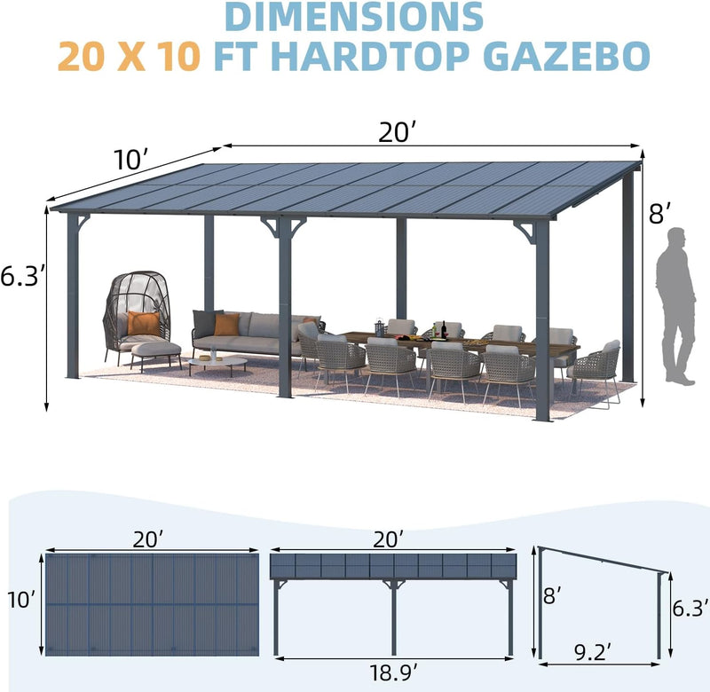YODOLLA 10' x 20' Hardtop Gazebo Outdoor Aluminum Pergola For Garden, Patio, Backyard-Dark Grey