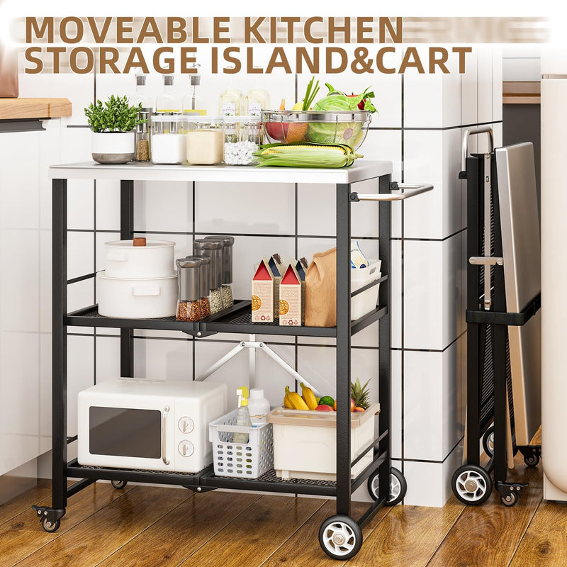 AECOJOY Foldable Outdoor Grill Cart 3 Tiers Stainless Steel Rolling Cart with Wheels Metal Utility Storage Trolley,Black