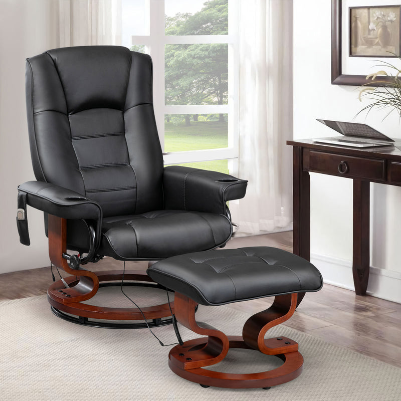 AVAWING Reclining Chair with Vibration Massage Faux Leather Recliner with Ottoman Swivel Wood Recliner Chairs for Living Room, Black