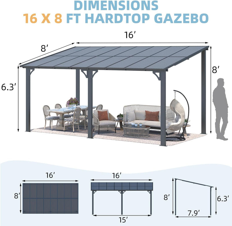 YODOLLA 8' x 16' Hardtop Gazebo Outdoor Aluminum Pergola For Garden, Patio, Backyard-Dark Grey