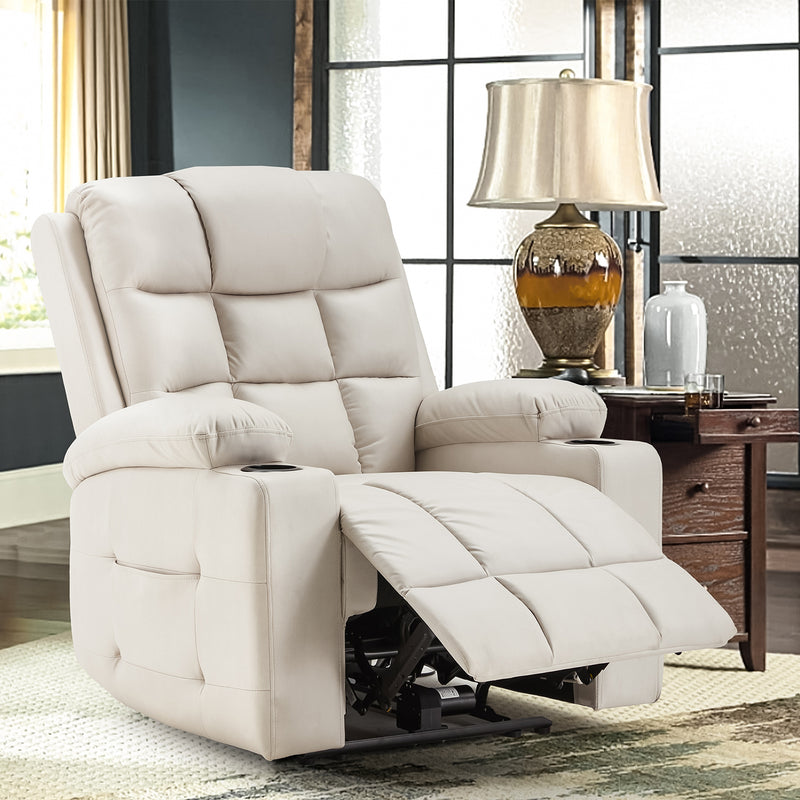 YODOLLA Oversized Nursery Electric Recliner Chair, Power Sofa with USB & Cup Holders, Breathable Leather Fabric, Home Theater Seating in White