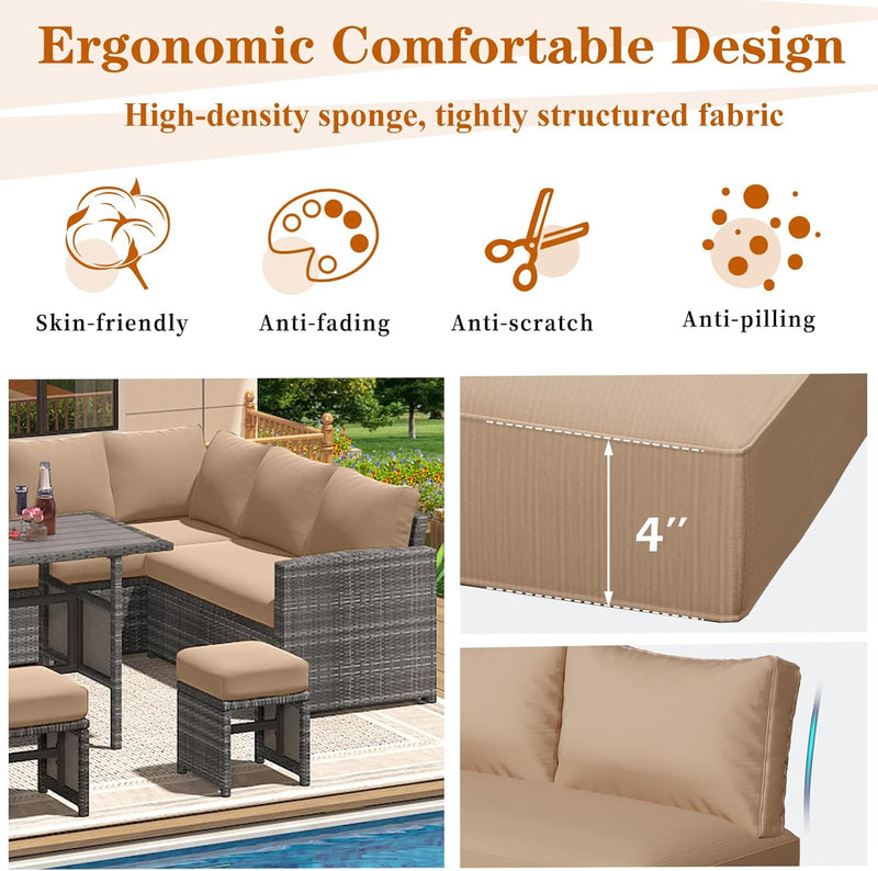 YODOLLA Outdoor Cushions, 4 inch Patio Cushions for Outdoor Furniture, Replacement Cushions Fits 7-Seats Sectional Rattan Conversation Set, Splashproof, Memory Foam Cushions and Covers (Beige)