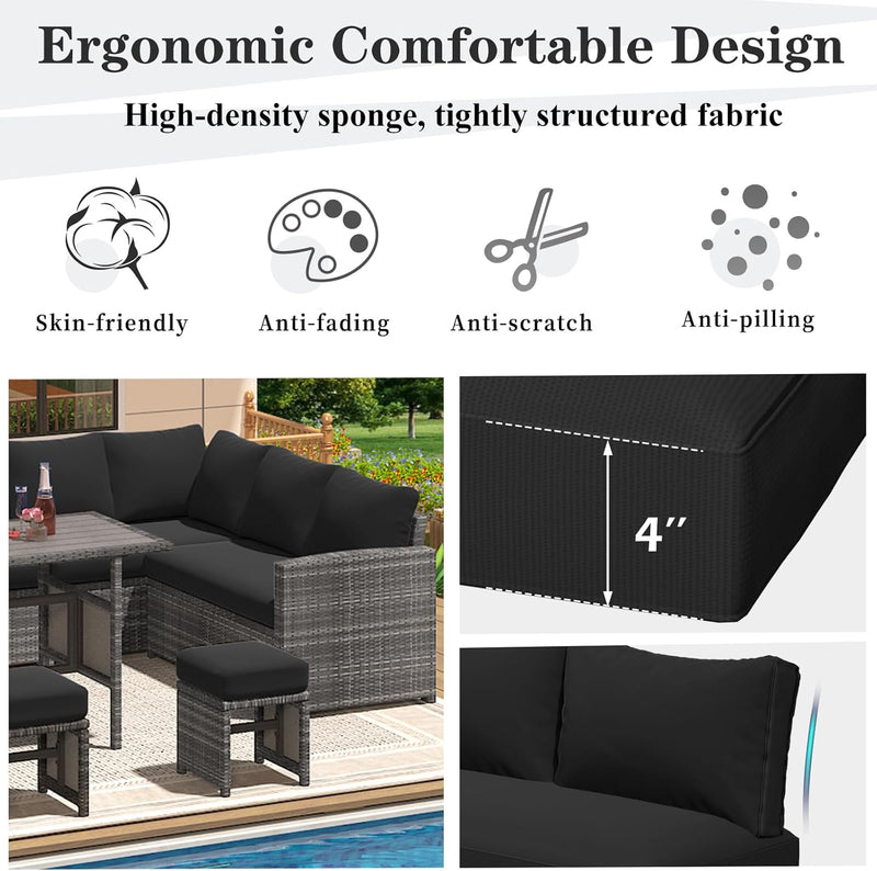 YODOLLA Outdoor Cushions, 4 inch Patio Cushions for Outdoor Furniture, Replacement Cushions Fits 7-Seats Sectional Rattan Conversation Set, Splashproof, Memory Foam Cushions and Covers (Black)