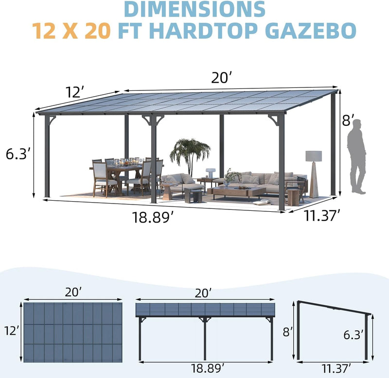 YODOLLA 12' x 20' Hardtop Gazebo Outdoor Aluminum Pergola For Garden, Patio, Backyard-Dark Gray
