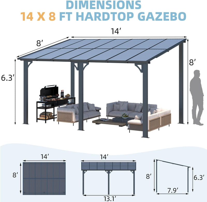 YODOLLA 8' x 14' Hardtop Gazebo Outdoor Aluminum Pergola For Garden, Patio, Backyard-Dark Grey