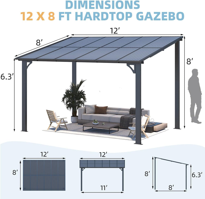 YODOLLA 8' x 12' Hardtop Gazebo Outdoor Aluminum Pergola For Garden, Patio, Backyard-Dark Grey