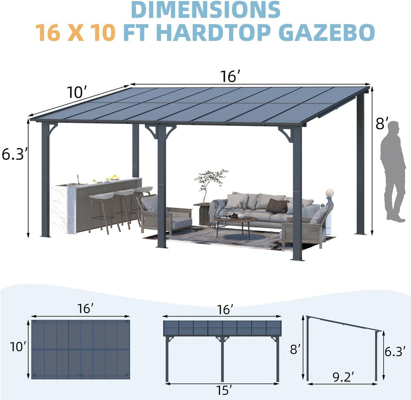 YODOLLA 10' x 16' Hardtop Gazebo Outdoor Aluminum Pergola For Garden, Patio, Backyard-Dark Grey