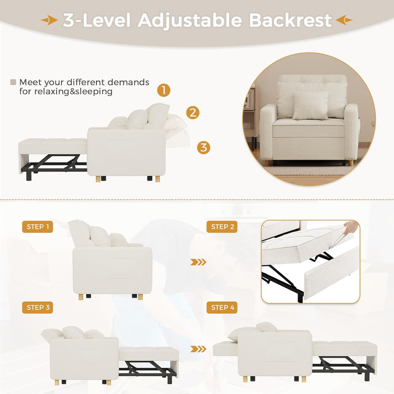 AECOJOY 3-in-1 Convertible Chair Bed Sleeper & Futon Sofa Bed Chair with Adjustable Backrest and 2 Pillows-Teddy Velvet White