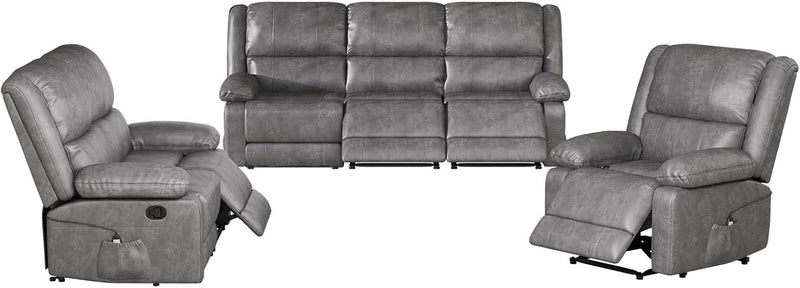 YODOLLA 3 Pieces Recliner Sofa Set with Massage Heated Function, Home Theater Seating Leather Couch Set with Side Pockets, Gray