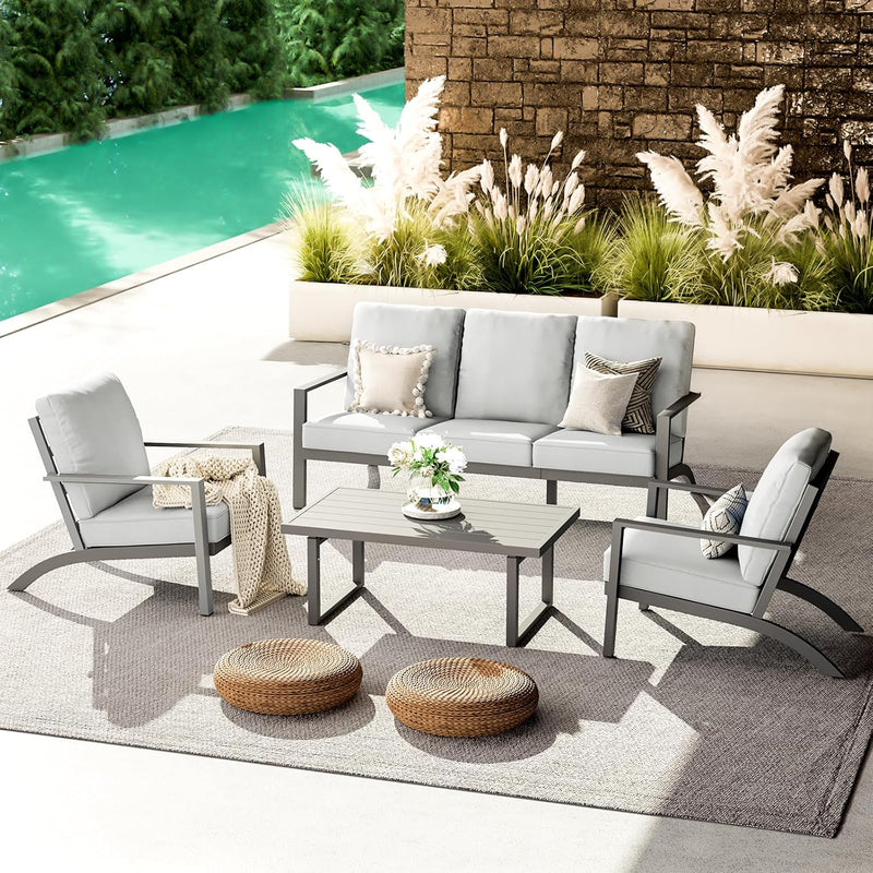 AECOJOY Aluminum Patio Furniture Set with Waterproof Cover Modern Metal Outdoor Patio Furniture Clearance, Adirondack Patio Conversation Sets for Lawn, Backyard, and Deck with Grey Cushions