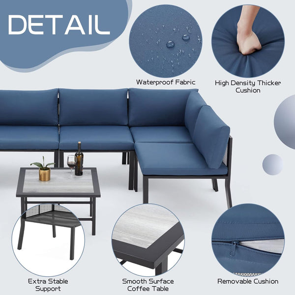AECOJOY 7-Piece Metal Mesh Outdoor Furniture Set with Cushions and Waterproof Cover, Wooden Table, Ideal for Garden, Backyard, Balcony, & Lawn (Blue)