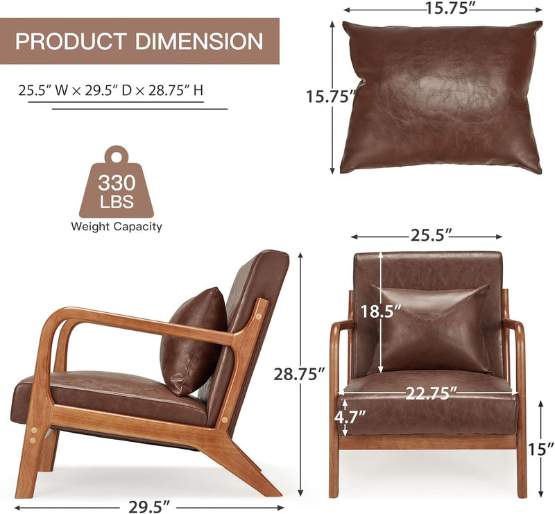 Aecojoy Accent Chair for Living Room Mid Century Modern Faux Leather Arm Chair in Brown for Bedroom