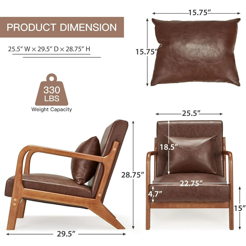 Aecojoy Accent Chair for Living Room Mid Century Modern Faux Leather Arm Chair in Brown for Bedroom