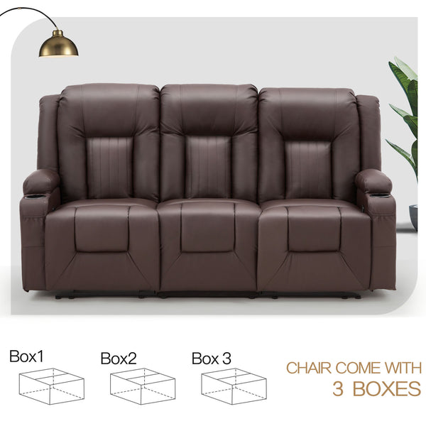 AECOJOY Manual Reclining Sofa with Cup Holders&Side Pockets, PU Leather Home Theater Seating, 3 Seat Recliner Chair for Adults-Brown