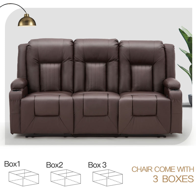 AECOJOY Manual Reclining Sofa with Cup Holders&Side Pockets, PU Leather Home Theater Seating, 3 Seat Recliner Chair for Adults-Brown