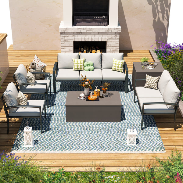 AECOJOY Metal Patio Furniture Set with Cover Outdoor Furniture sets With Storage Boxes on Sale with Light Grey Cushion for Balcony Porch, Lawn and More