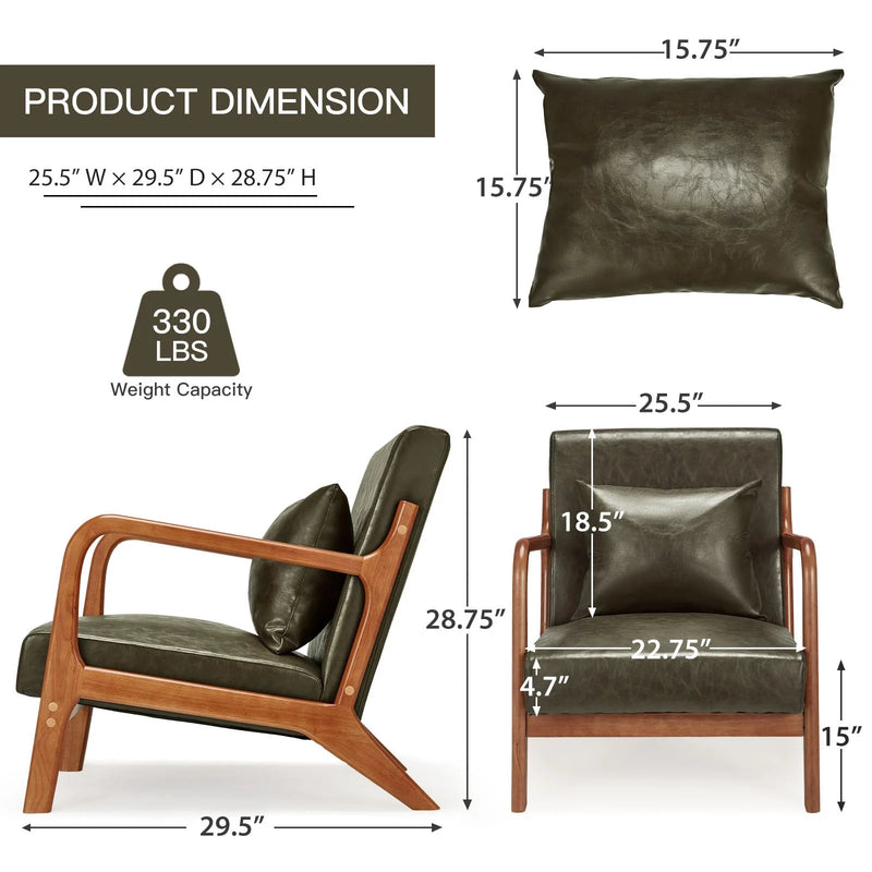 YODOLLA Faux Leather Modern Accent Chairs for Living Room, Mid Century Modern Living Room Bedroom Reading Comfy Lounge Chairs, Small Side Armchair for Bedrooms in Green