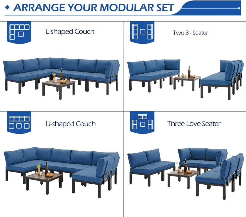AECOJOY 7 Pieces Metal Outdoor Sectional Sofa with Waterproof Cover,Patio Furniture Sets on Sales Patio Conversation Set with Coffee Table Clearance,Blue