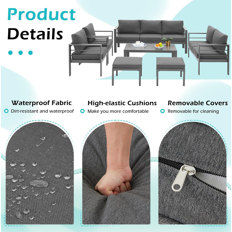 AECOJOY Aluminum Patio Furniture Sets with Waterproof Cover, Aluminum Outdoor Furniture Sets Metal Patio Sets for Balcony,Grey