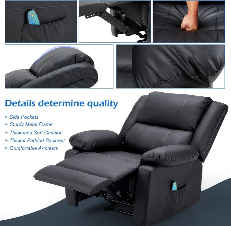 AECOJOY Leather Recliner Chair with Massage Heated Function, Home Theater Seating Sofa Black
