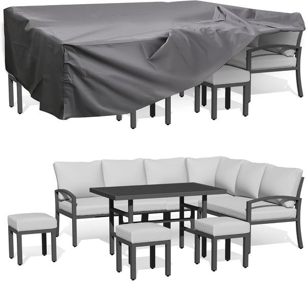 YODOLLA 10 Pieces Metal Patio Furniture Sets with Waterproof Cover Outdoor Conversation Set with Dining Table and Chair, Light Grey