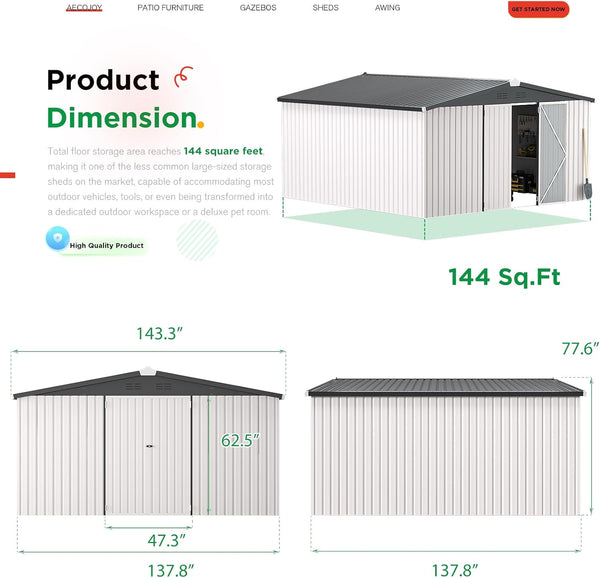 YODOLLA 12 x 12 ft. Outdoor Metal Storage Shed with Sliding Roof & Lockable Door in White