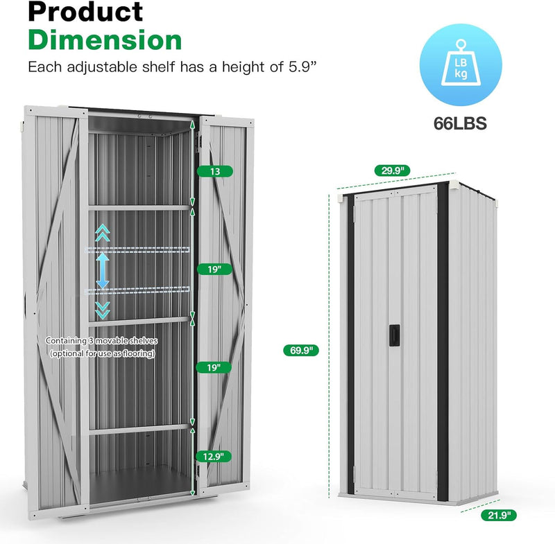 AECOJOY Outdoor Storage Cabinet Metal Organizer for Outside, Garden& Garage Patio Storage Building with Doors and Shelves in White